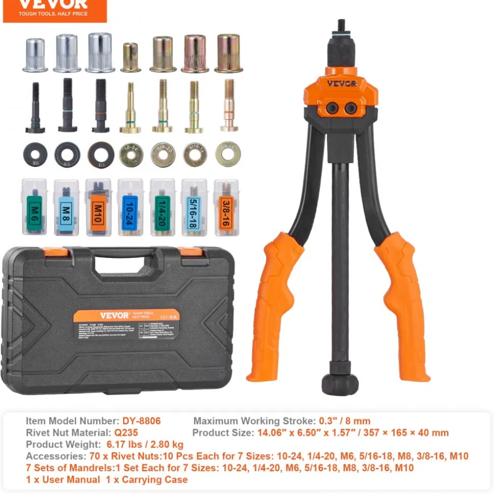VEVOR Rivet Nut Tool, 14 in Rivnut Tool Kit with 7 PCS Metric and SAE Mandrels, 70 PCS Assorted Rivet Nuts, 10-24, 1/4-20, M6, 5/16-18, M8, 3/8-16, M10, With Rugged Carrying Case, for DIY, Repairs