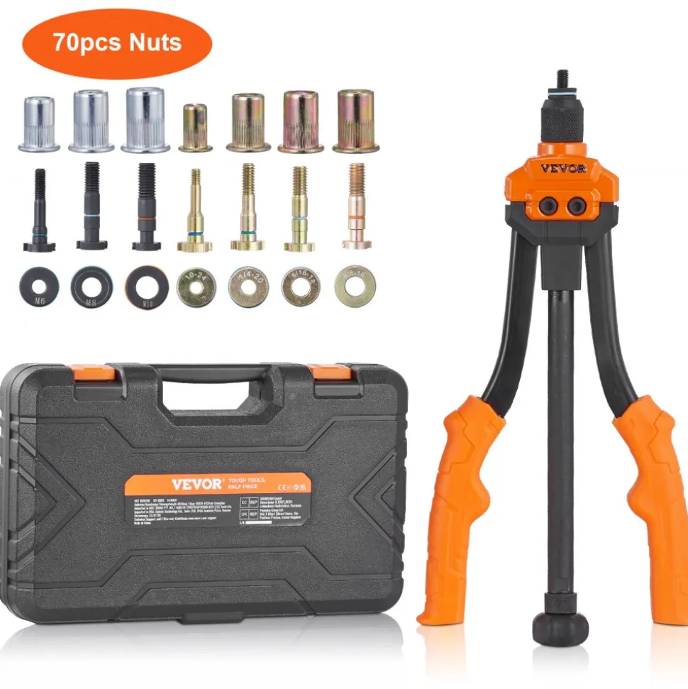 VEVOR Rivet Nut Tool, 14 in Rivnut Tool Kit with 7 PCS Metric and SAE Mandrels, 70 PCS Assorted Rivet Nuts, 10-24, 1/4-20, M6, 5/16-18, M8, 3/8-16, M10, With Rugged Carrying Case, for DIY, Repairs