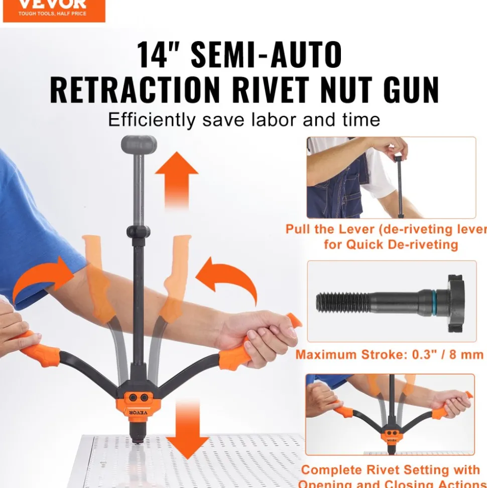 VEVOR Rivet Nut Tool, 14 in Rivnut Tool Kit with 7 PCS Metric and SAE Mandrels, 70 PCS Assorted Rivet Nuts, 10-24, 1/4-20, M6, 5/16-18, M8, 3/8-16, M10, With Rugged Carrying Case, for DIY, Repairs