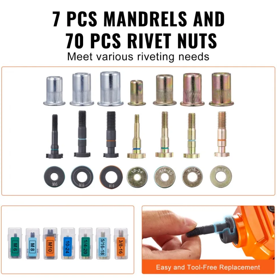VEVOR Rivet Nut Tool, 14 in Rivnut Tool Kit with 7 PCS Metric and SAE Mandrels, 70 PCS Assorted Rivet Nuts, 10-24, 1/4-20, M6, 5/16-18, M8, 3/8-16, M10, With Rugged Carrying Case, for DIY, Repairs