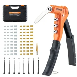 VEVOR Rivet Nut Tool Kit, 9-Inch One-Handed Rivnut Tool Kit, with 8 Mandrels, a Step Drill Bit and 80 Nuts, Metric and SAE Size M3, M4, M5, M6, 6-32, 8-32, 10-24, 1/4-20 UNC, with a Carrying Case