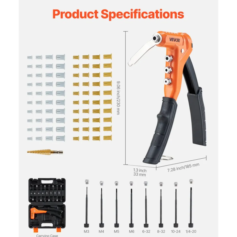 VEVOR Rivet Nut Tool Kit, 9-Inch One-Handed Rivnut Tool Kit, with 8 Mandrels, a Step Drill Bit and 80 Nuts, Metric and SAE Size M3, M4, M5, M6, 6-32, 8-32, 10-24, 1/4-20 UNC, with a Carrying Case