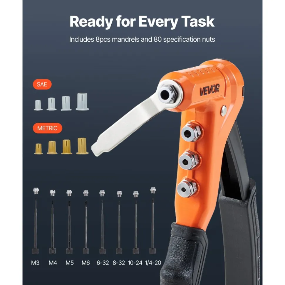 VEVOR Rivet Nut Tool Kit, 9-Inch One-Handed Rivnut Tool Kit, with 8 Mandrels, a Step Drill Bit and 80 Nuts, Metric and SAE Size M3, M4, M5, M6, 6-32, 8-32, 10-24, 1/4-20 UNC, with a Carrying Case