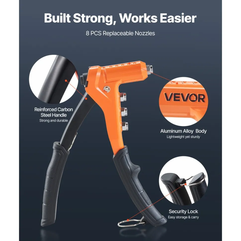 VEVOR Rivet Nut Tool Kit, 9-Inch One-Handed Rivnut Tool Kit, with 8 Mandrels, a Step Drill Bit and 80 Nuts, Metric and SAE Size M3, M4, M5, M6, 6-32, 8-32, 10-24, 1/4-20 UNC, with a Carrying Case