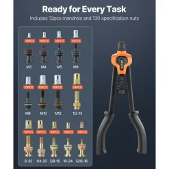 VEVOR Rivet Nut Tool Kit, 17-Inch Rivnut Tool Kit, with 13 Mandrels and 130 Nuts, Metric and SAE Size M3, M4, M5, M6, M8, M10, M12, 1/2-13, 8-32, 10-24, 1/4-20, 5/16-18, 3/8-16 UNC, a Carrying Case