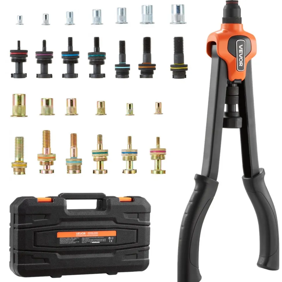 VEVOR Rivet Nut Tool Kit, 17-Inch Rivnut Tool Kit, with 13 Mandrels and 130 Nuts, Metric and SAE Size M3, M4, M5, M6, M8, M10, M12, 1/2-13, 8-32, 10-24, 1/4-20, 5/16-18, 3/8-16 UNC, a Carrying Case