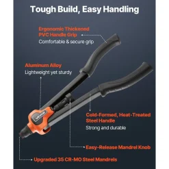 VEVOR Rivet Nut Tool Kit, 17-Inch Rivnut Tool Kit, with 13 Mandrels and 130 Nuts, Metric and SAE Size M3, M4, M5, M6, M8, M10, M12, 1/2-13, 8-32, 10-24, 1/4-20, 5/16-18, 3/8-16 UNC, a Carrying Case
