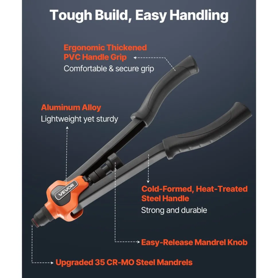 VEVOR Rivet Nut Tool Kit, 17-Inch Rivnut Tool Kit, with 13 Mandrels and 130 Nuts, Metric and SAE Size M3, M4, M5, M6, M8, M10, M12, 1/2-13, 8-32, 10-24, 1/4-20, 5/16-18, 3/8-16 UNC, a Carrying Case
