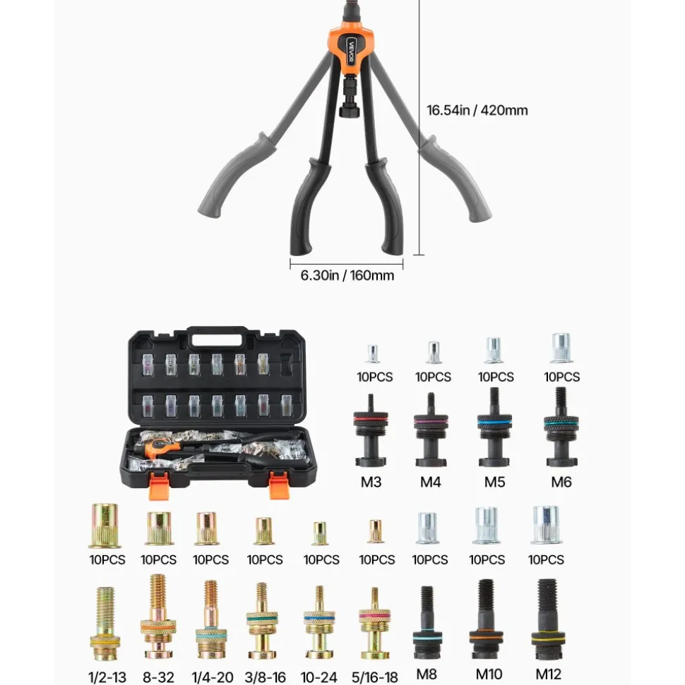VEVOR Rivet Nut Tool Kit, 17-Inch Rivnut Tool Kit, with 13 Mandrels and 130 Nuts, Metric and SAE Size M3, M4, M5, M6, M8, M10, M12, 1/2-13, 8-32, 10-24, 1/4-20, 5/16-18, 3/8-16 UNC, a Carrying Case