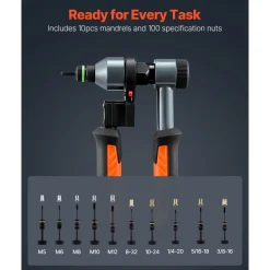 VEVOR Rivet Nut Tool Kit, 9-Inch Ratchet Rivnut Tool Kit, with 10 Mandrels and 100 Nuts, Metric and SAE Size M5, M6, M8, M10, M12, 8-32, 10-24, 1/4-20, 5/16-18, 3/8-16 UNC, with a Rugged Carrying Case