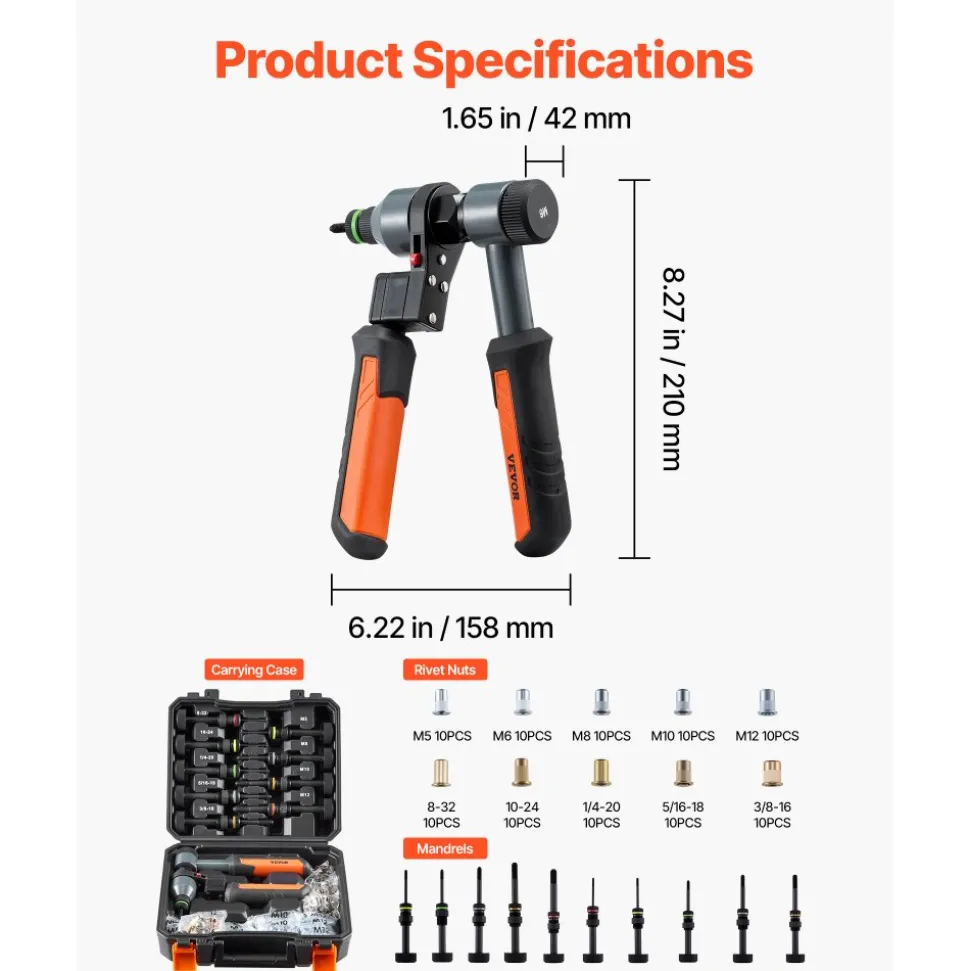 VEVOR Rivet Nut Tool Kit, 9-Inch Ratchet Rivnut Tool Kit, with 10 Mandrels and 100 Nuts, Metric and SAE Size M5, M6, M8, M10, M12, 8-32, 10-24, 1/4-20, 5/16-18, 3/8-16 UNC, with a Rugged Carrying Case