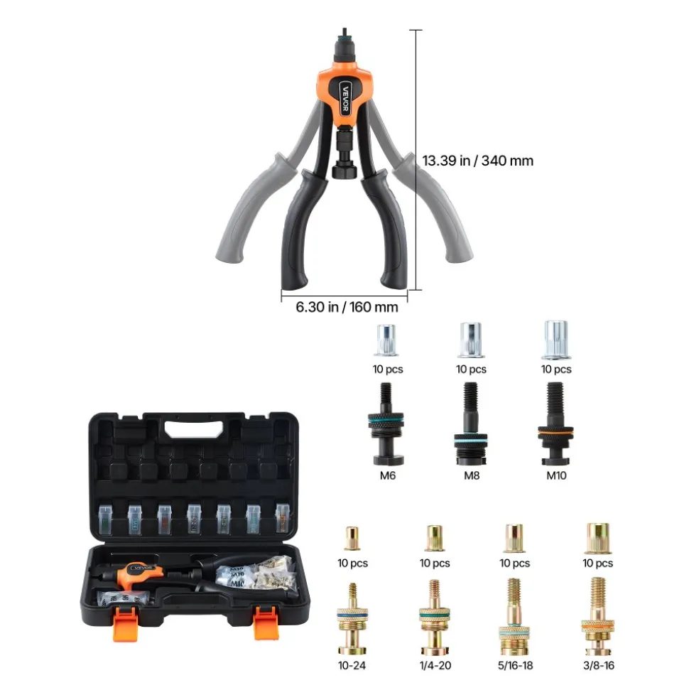 VEVOR Rivet Nut Tool Kit, 14-Inch Two-Handed Rivnut Tool Kit, with 7 Mandrels and 70 Nuts, Metric and SAE Size M6, M8, M10, 10-24, 1/4-20, 5/16-18, 3/8-16 UNC, with a Carrying Case, for Home, Auto