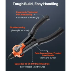 VEVOR Rivet Nut Tool Kit, 14-Inch Two-Handed Rivnut Tool Kit, with 7 Mandrels and 70 Nuts, Metric and SAE Size M6, M8, M10, 10-24, 1/4-20, 5/16-18, 3/8-16 UNC, with a Carrying Case, for Home, Auto
