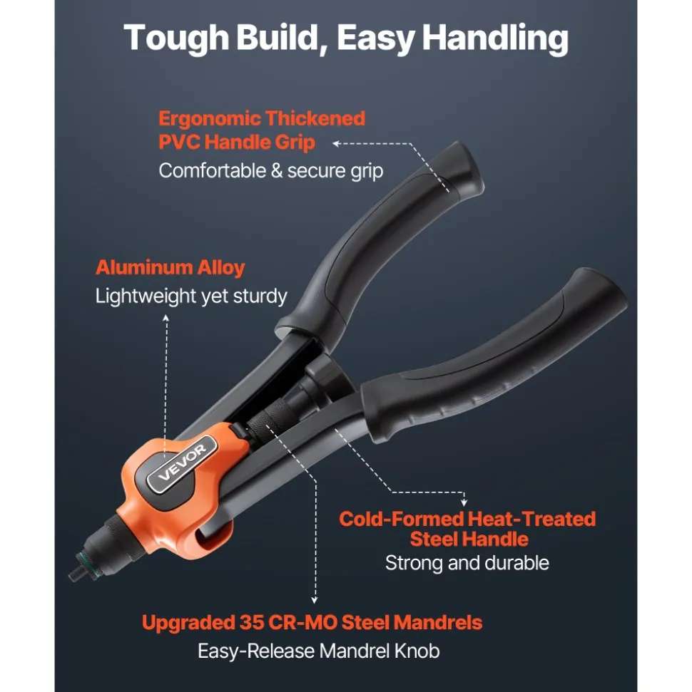 VEVOR Rivet Nut Tool Kit, 14-Inch Two-Handed Rivnut Tool Kit, with 7 Mandrels and 70 Nuts, Metric and SAE Size M6, M8, M10, 10-24, 1/4-20, 5/16-18, 3/8-16 UNC, with a Carrying Case, for Home, Auto