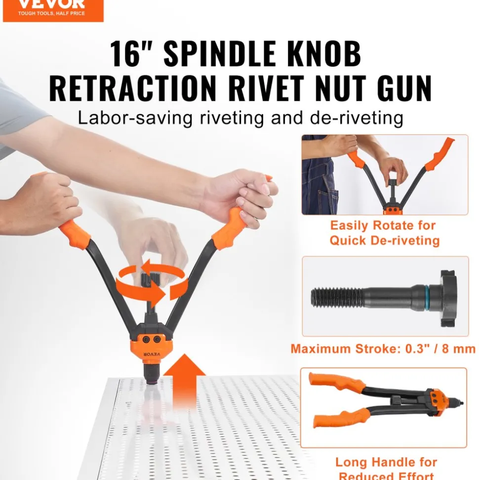 VEVOR 16" Rivet Nut Tool, Labor-Saving Rivnut Tool Kit with 13PCS Metric & SAE Mandrels, 186PCS Rivet Nuts,M3, M4, M5, M6, M8, M10, M12, 1/4-20, 5/16-18, 3/8-16,1/2-13, 8-32, 10-24 With Carrying Case