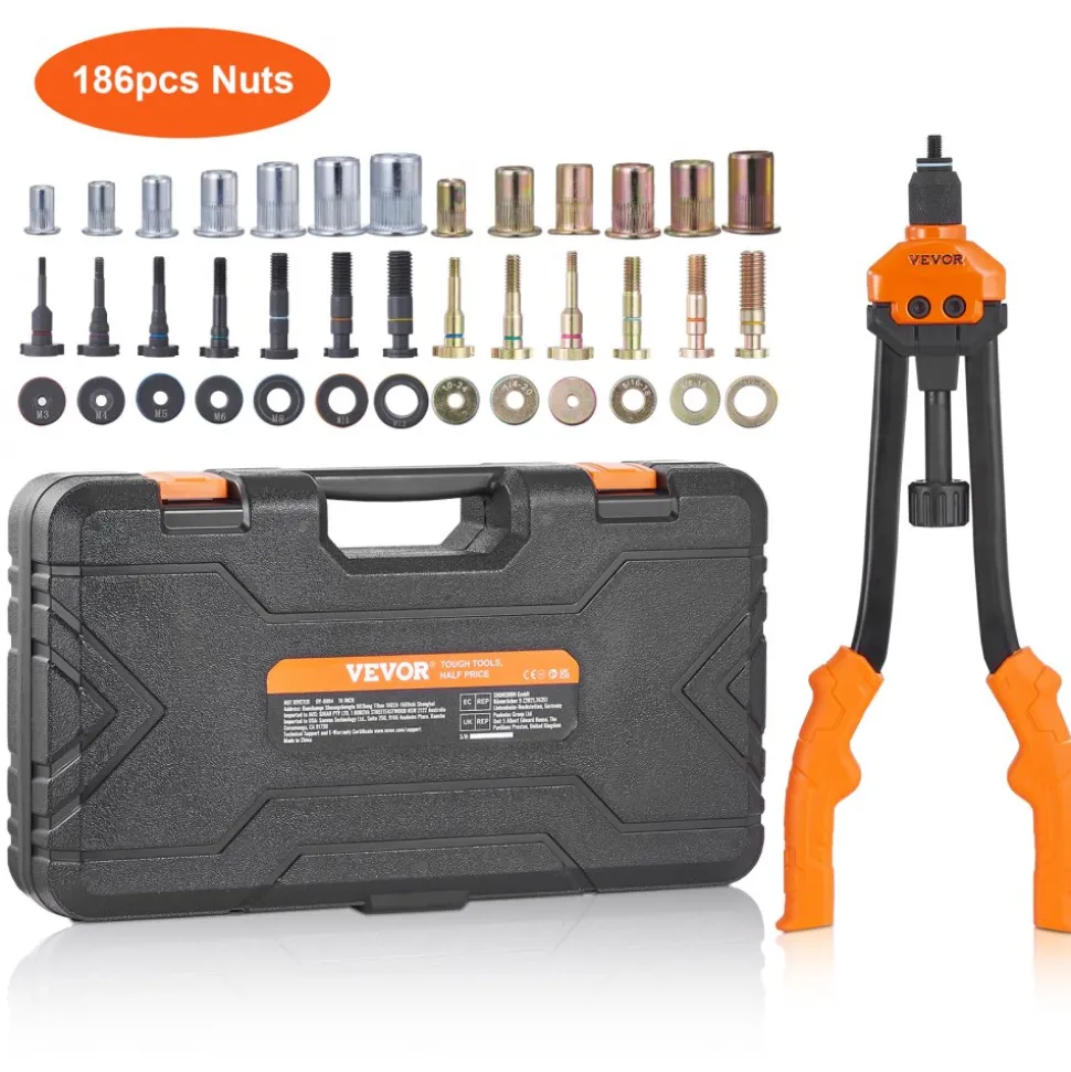 VEVOR 16" Rivet Nut Tool, Labor-Saving Rivnut Tool Kit with 13PCS Metric & SAE Mandrels, 186PCS Rivet Nuts,M3, M4, M5, M6, M8, M10, M12, 1/4-20, 5/16-18, 3/8-16,1/2-13, 8-32, 10-24 With Carrying Case