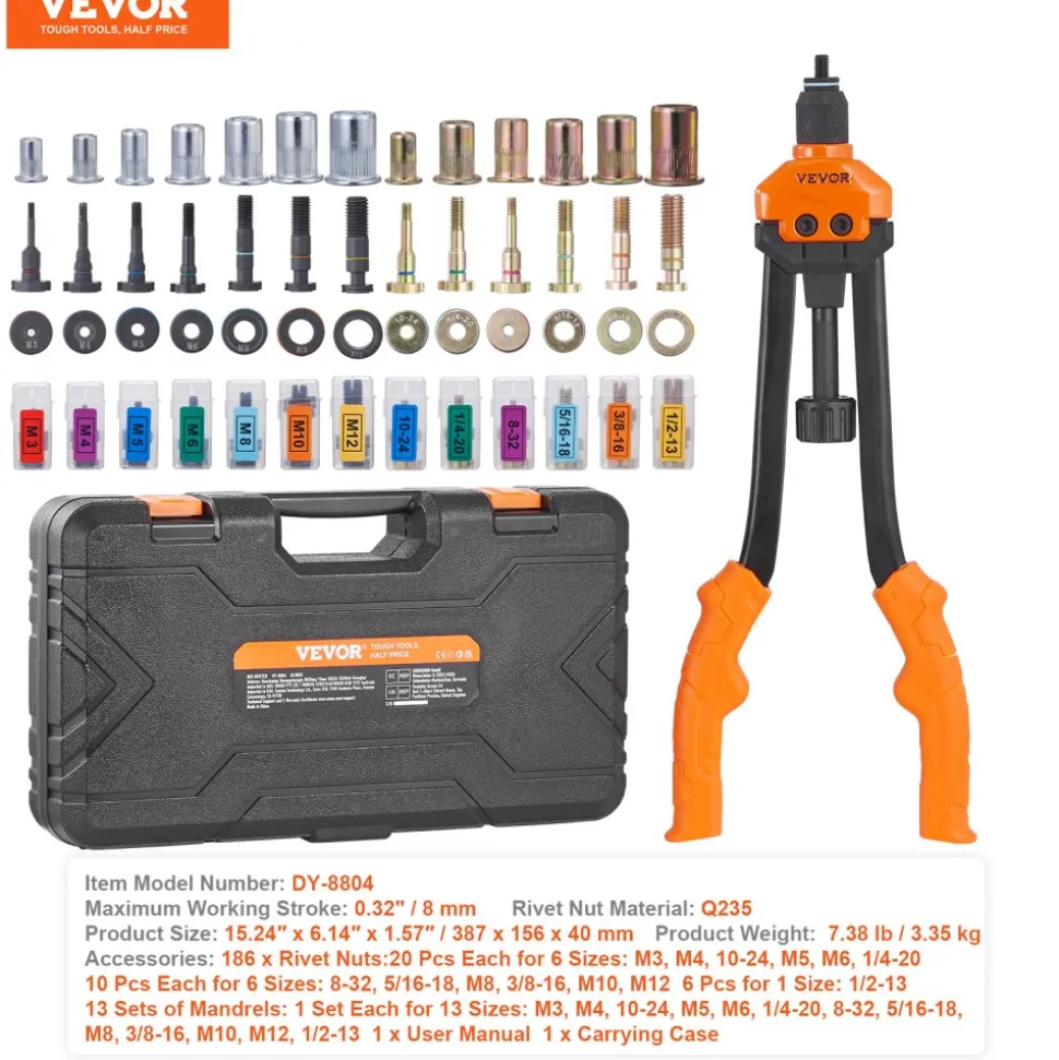 VEVOR 16" Rivet Nut Tool, Labor-Saving Rivnut Tool Kit with 13PCS Metric & SAE Mandrels, 186PCS Rivet Nuts,M3, M4, M5, M6, M8, M10, M12, 1/4-20, 5/16-18, 3/8-16,1/2-13, 8-32, 10-24 With Carrying Case