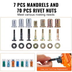 VEVOR Rivet Nut Tool, 14” Rivnut Tool Kit with 7 PCS Metric and SAE Mandrels, 70 PCS Assorted Rivet Nuts, 10-24, 1/4-20, M6, 5/16-18, M8, 3/8-16, M10, Rivet Nut Kit With Rugged Carrying Case
