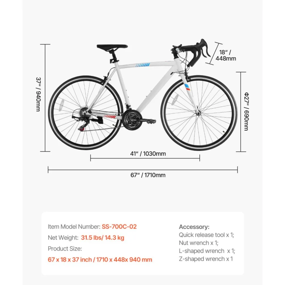 VEVOR Road Bike, 700C Wheels Racing Bike, SHIMANO 21 Speeds Drivetrain City Commuter Road Bicycle, Urban Adult Sport Bicycle with Carbon Steel Frame, Drop Bar, Caliper Brake, for Men and Women