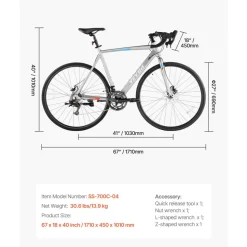 VEVOR Road Bike, 700C Wheels Racing Bike, L-TWOO 14 Speeds Drivetrain City Commuter Road Bicycle, Urban Adult Sport Bike with Lightweight Aluminum Alloy Frame, Drop Bar, Disc Brake, for Men Women