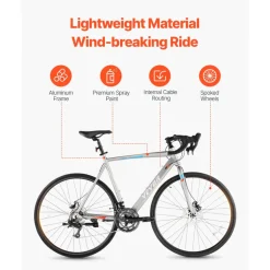 VEVOR Road Bike, 700C Wheels Racing Bike, L-TWOO 14 Speeds Drivetrain City Commuter Road Bicycle, Urban Adult Sport Bike with Lightweight Aluminum Alloy Frame, Drop Bar, Disc Brake, for Men Women