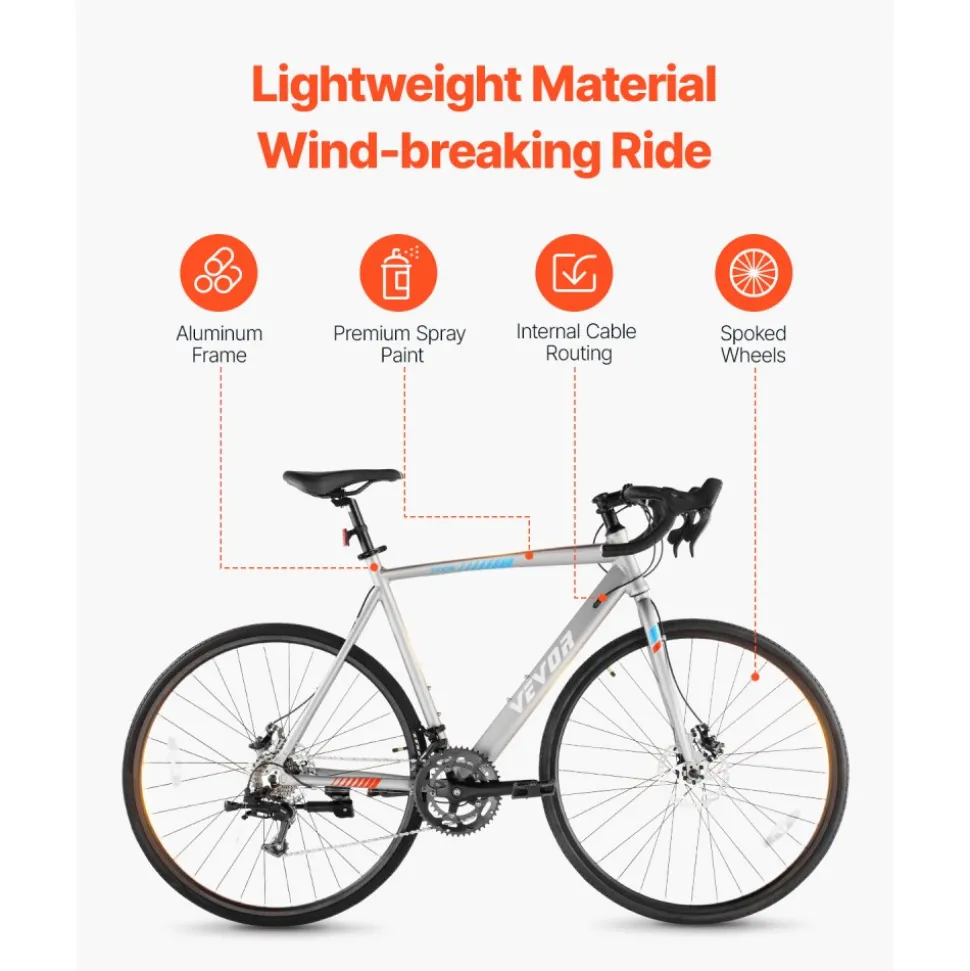 VEVOR Road Bike, 700C Wheels Racing Bike, L-TWOO 14 Speeds Drivetrain City Commuter Road Bicycle, Urban Adult Sport Bike with Lightweight Aluminum Alloy Frame, Drop Bar, Disc Brake, for Men Women