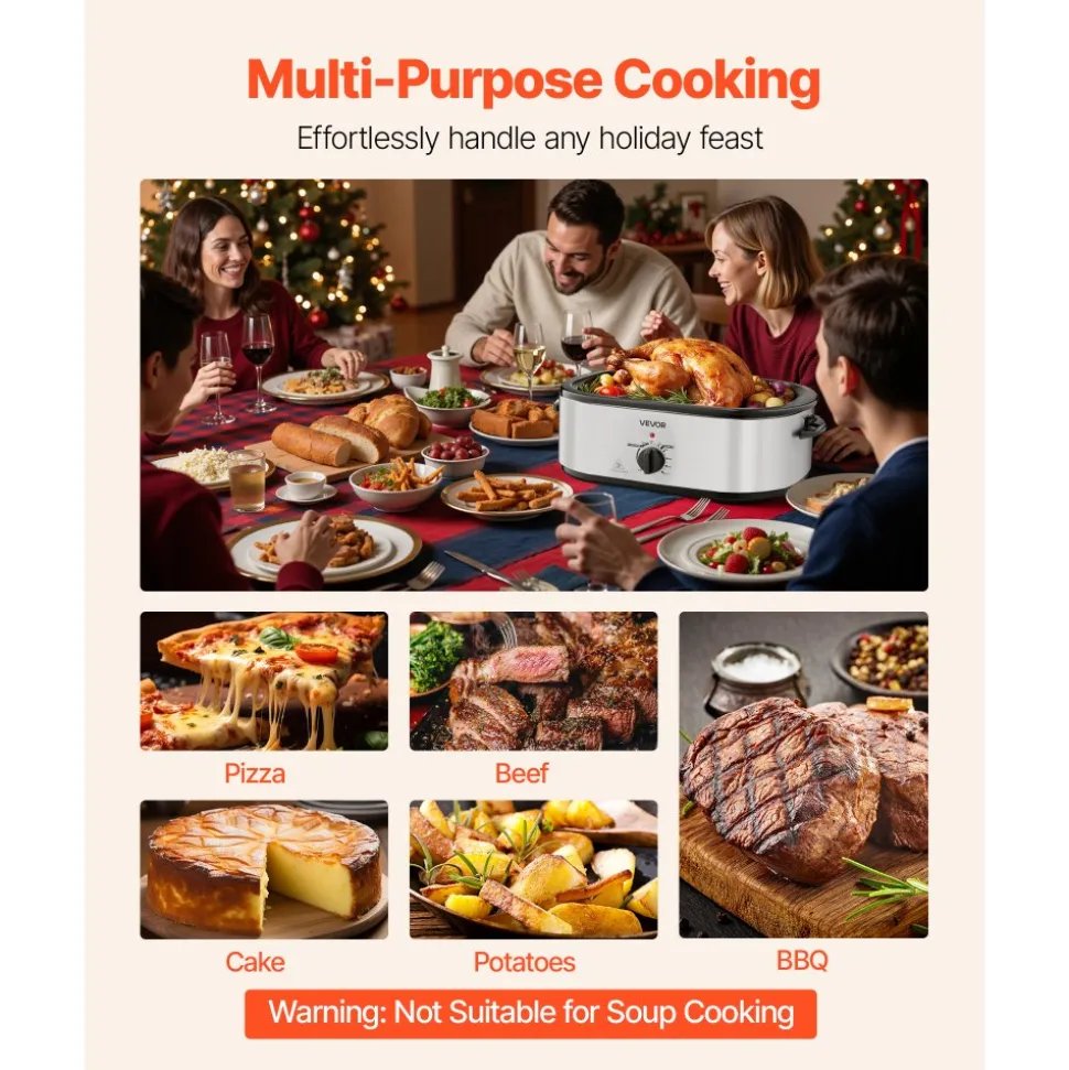 VEVOR Roaster Oven, 22QT Electric Roasting Pan, 150-450℉ Adjustable Temperature Multifunctional Electric Roaster Oven with Self-Basting Lid, Defrost & Warm Function for Holiday Meal, Fits 26lb Turkey