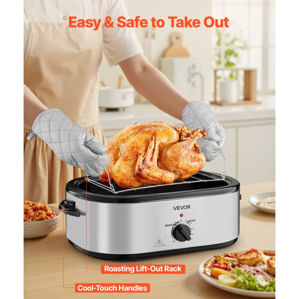 VEVOR Roaster Oven, 22QT Electric Roasting Pan, 150-450℉ Adjustable Temperature Multifunctional Electric Roaster Oven with Self-Basting Lid, Defrost & Warm Function for Holiday Meal, Fits 26lb Turkey