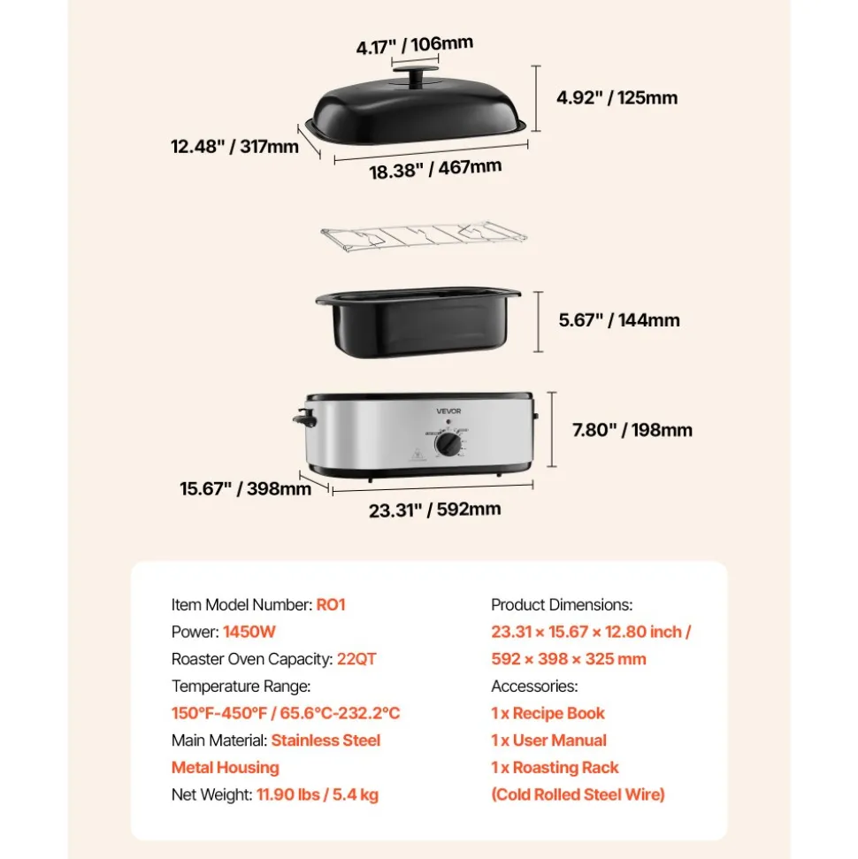 VEVOR Roaster Oven, 22QT Electric Roasting Pan, 150-450℉ Adjustable Temperature Multifunctional Electric Roaster Oven with Self-Basting Lid, Defrost & Warm Function for Holiday Meal, Fits 26lb Turkey