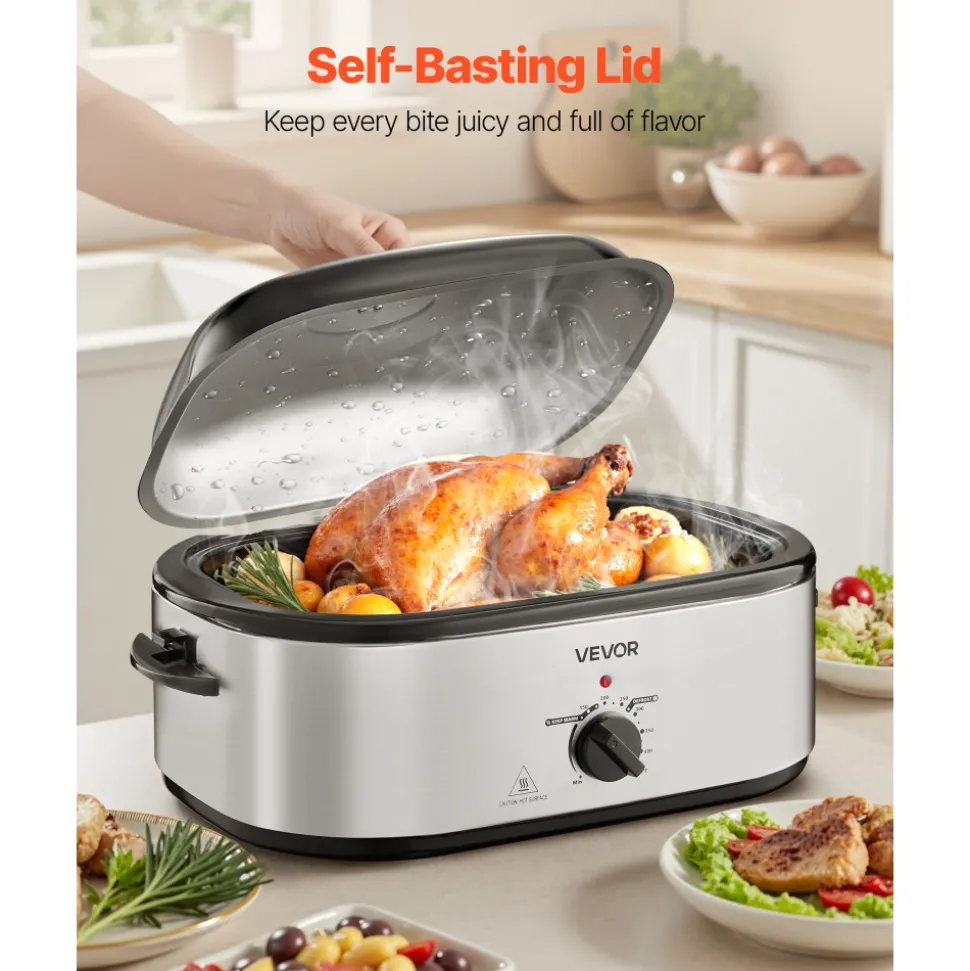VEVOR Roaster Oven, 22QT Electric Roasting Pan, 150-450℉ Adjustable Temperature Multifunctional Electric Roaster Oven with Self-Basting Lid, Defrost & Warm Function for Holiday Meal, Fits 26lb Turkey