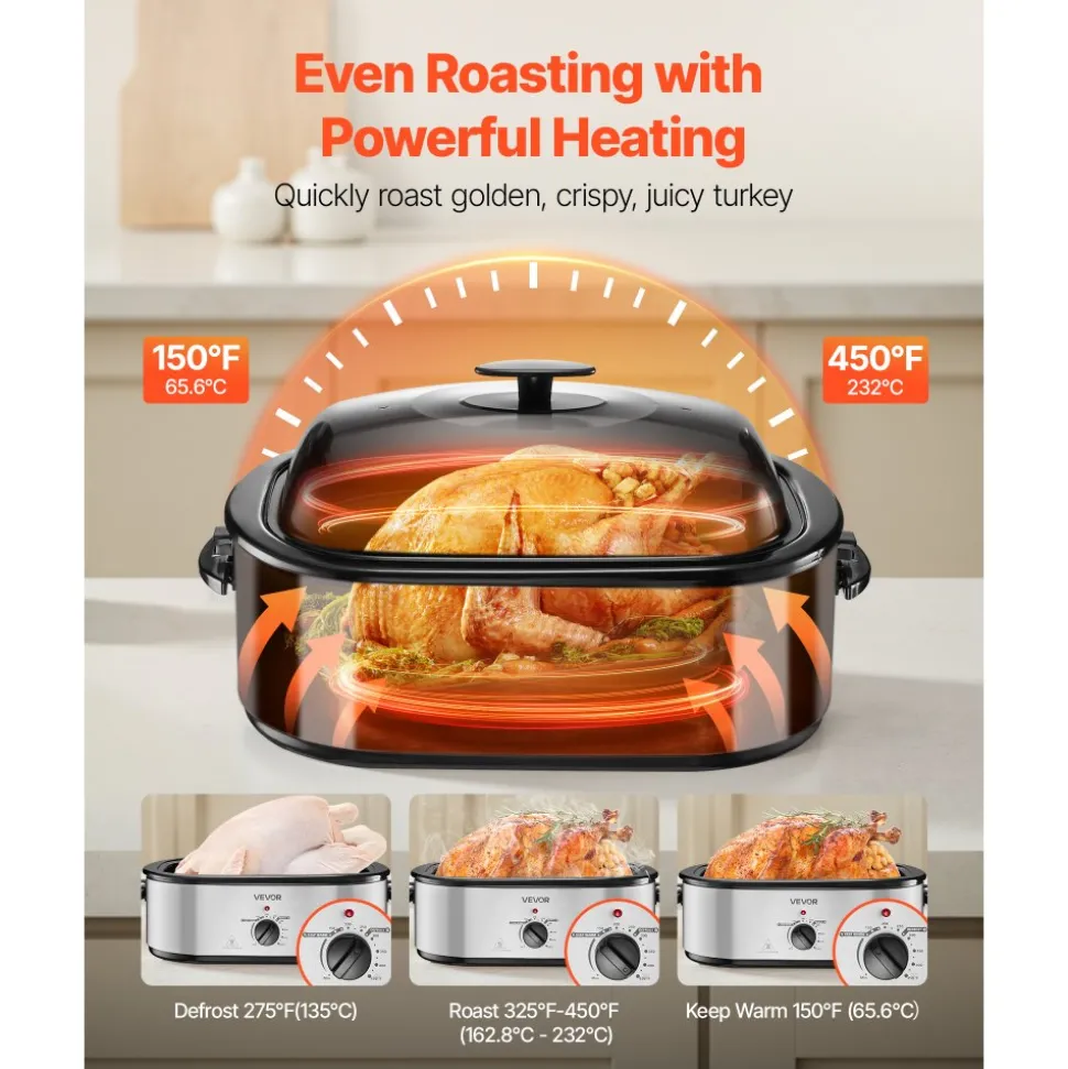 VEVOR Roaster Oven, 22QT Electric Roasting Pan, 150-450℉ Adjustable Temperature Multifunctional Electric Roaster Oven with Self-Basting Lid, Defrost & Warm Function for Holiday Meal, Fits 26lb Turkey