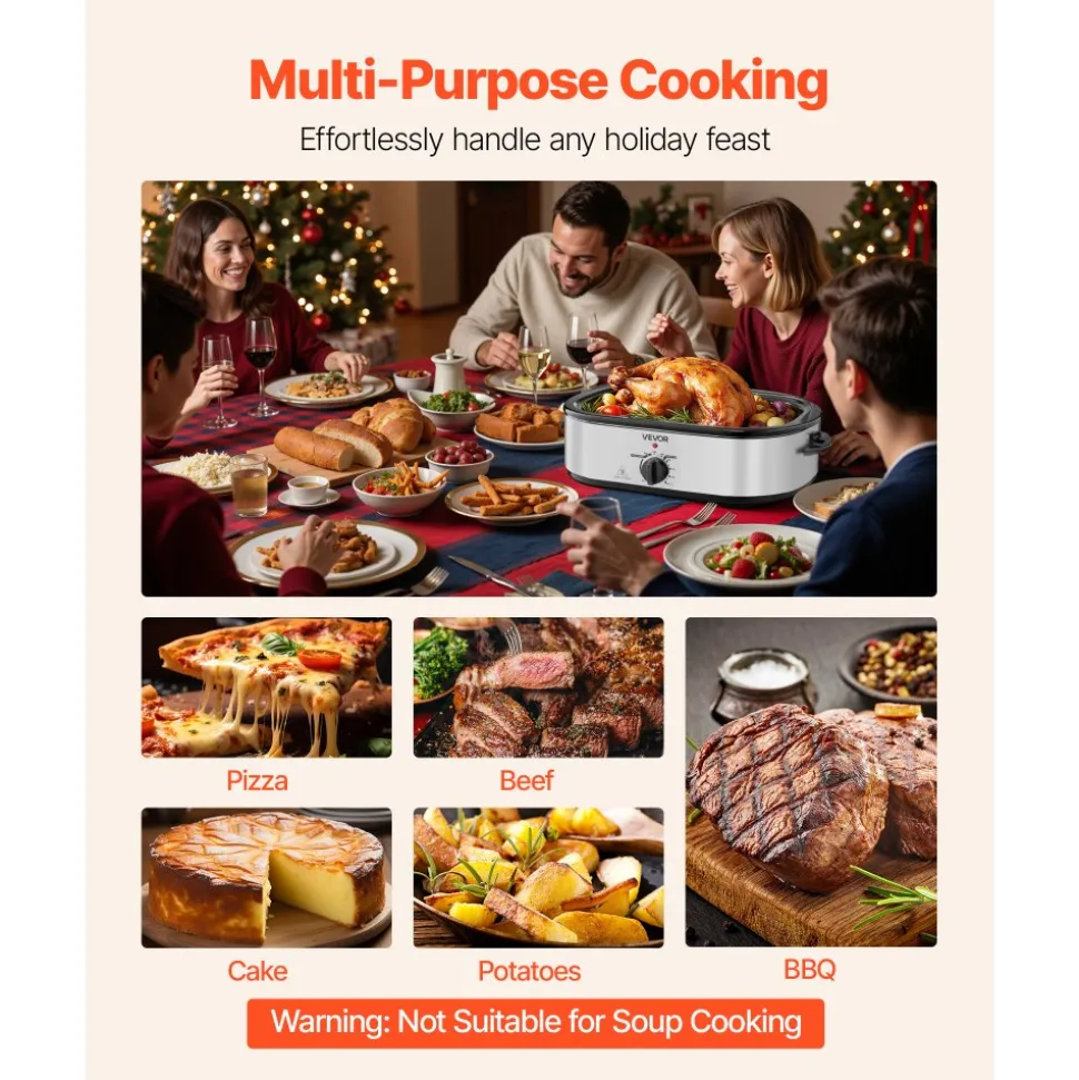 VEVOR Roaster Oven, 18QT Electric Roaster Oven, 150-450℉ Adjustable Temperature Electric Roasting Pan with Self-Basting Lid, Cool-Touch Handle, Defrost & Warm Function, Stainless Steel Turkey Ovens