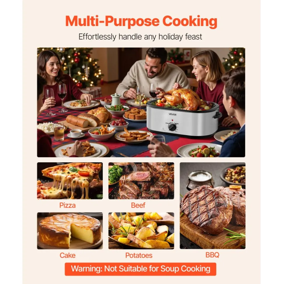 VEVOR Roaster Oven, 24QT Electric Turkey Roaster Oven, 150-450℉ Adjustable Temperature Electric Roasting Pan with 3 Bin Buffet Server, Self-Basting Lid, Defrost & Warm Function, Self-Basting Lid
