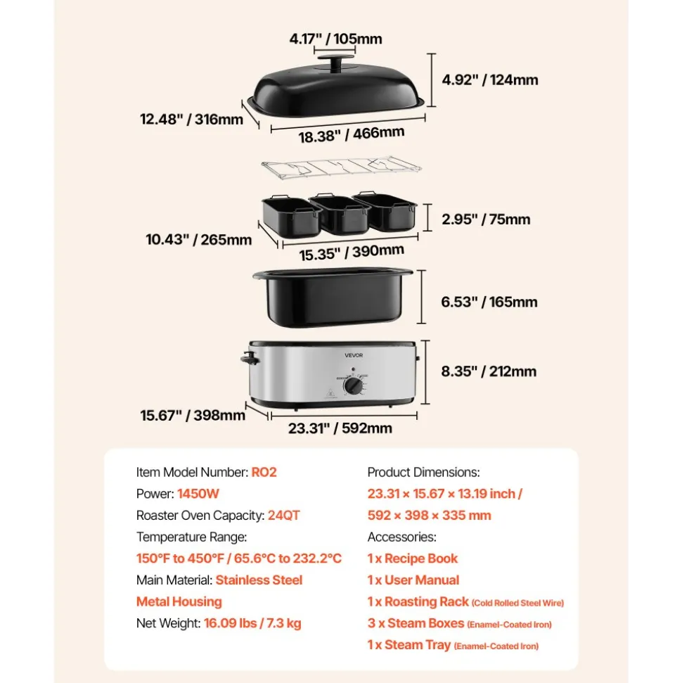 VEVOR Roaster Oven, 24QT Electric Turkey Roaster Oven, 150-450℉ Adjustable Temperature Electric Roasting Pan with 3 Bin Buffet Server, Self-Basting Lid, Defrost & Warm Function, Self-Basting Lid