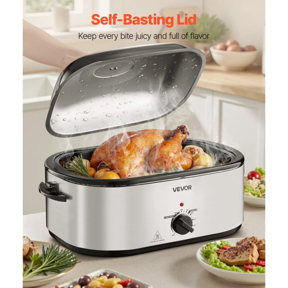 VEVOR Roaster Oven, 24QT Electric Turkey Roaster Oven, 150-450℉ Adjustable Temperature Electric Roasting Pan with 3 Bin Buffet Server, Self-Basting Lid, Defrost & Warm Function, Self-Basting Lid