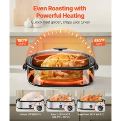 VEVOR Roaster Oven, 14QT Fast-Cooking Turkey Roaster, 150-450℉ Adjustable Temperature Electric Roasting Pan with Self-Basting Lid, Roasting Lift-Out Rack, Defrost & Warm Function, Fits 18lb Turkey