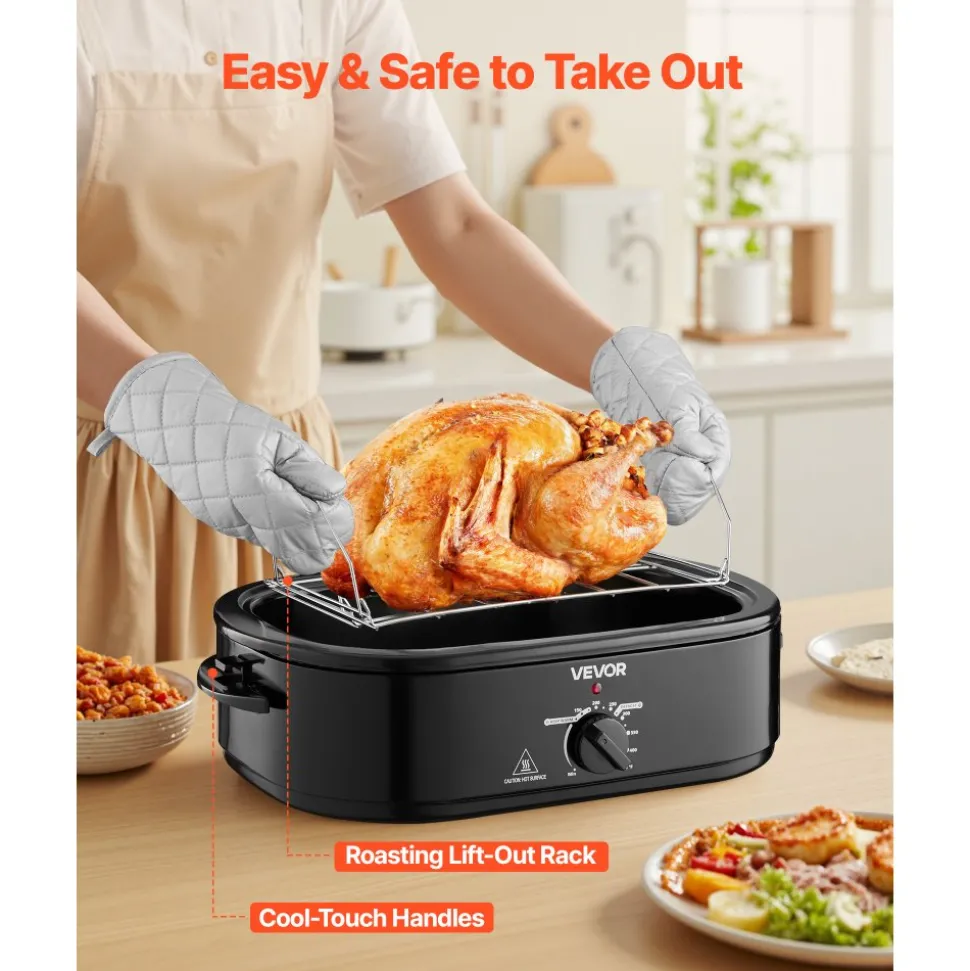 VEVOR Roaster Oven, 18QT Fast-Cooking Turkey Roaster, 150-450℉ Adjustable Temperature Turkey Oven with Self-Basting Lid, Removable Pan and Rack, Defrost & Warm Function, Electric Roasting Pan for Home