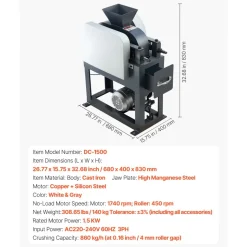 VEVOR Rock Crusher, 220V Double Roller Crushers, Industrial Shredder with 2.56x0.59 inch Dual Feed Inlets, 1740RPM Speed Stone Grinder Rock Crusher, 1.5KW Electric Shatter Pulverizer, 860kg/h Crushing
