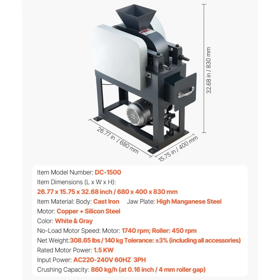 VEVOR Rock Crusher, 220V Double Roller Crushers, Industrial Shredder with 2.56x0.59 inch Dual Feed Inlets, 1740RPM Speed Stone Grinder Rock Crusher, 1.5KW Electric Shatter Pulverizer, 860kg/h Crushing