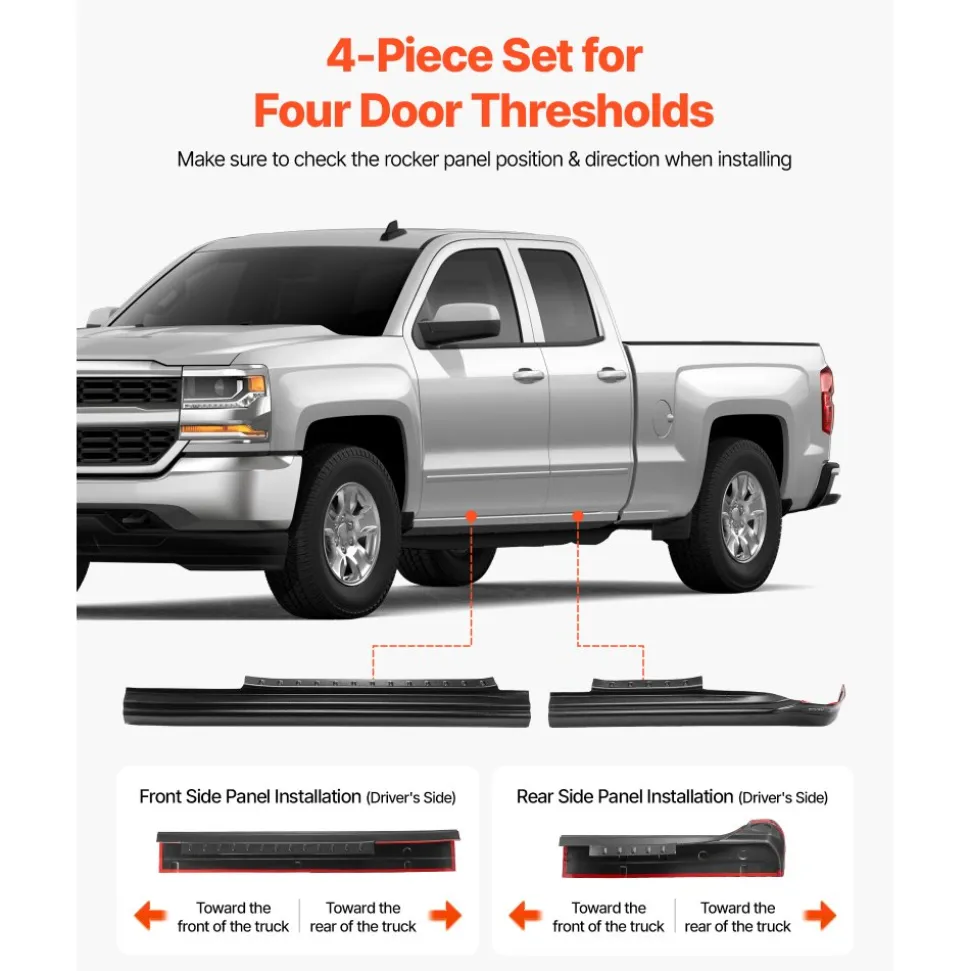VEVOR Rocker Panel Guard, 4-Piece Set Compatible with 2014-2018 Chevrolet Silverado 1500 Extended Cab, Replacement for 14068 Trail Armor Side Skirts Extension Body Kit, Driver Side, 3M Adhesive, Black