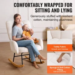 VEVOR Rocking Chair Nursery, Glider Rocking Chair with Soft Seat and High Backrest, 250 lbs Weight Capacity Teddy Fabric, Upholstered Glider Rocker Chair for Nursery, Bedroom, Living Room, Ivory White