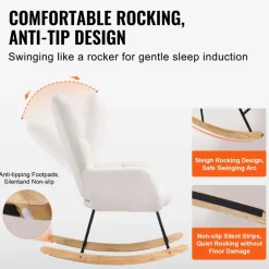 VEVOR Rocking Chair Nursery, Glider Rocking Chair with Soft Seat and High Backrest, 250 lbs Weight Capacity Teddy Fabric, Upholstered Glider Rocker Chair for Nursery, Bedroom, Living Room, Ivory White