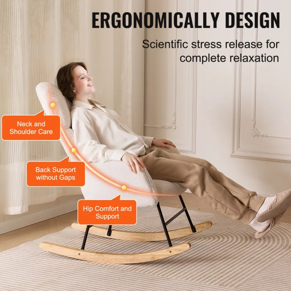 VEVOR Rocking Chair Nursery, Glider Rocking Chair with Soft Seat and High Backrest, 250 lbs Weight Capacity Teddy Fabric, Upholstered Glider Rocker Chair for Nursery, Bedroom, Living Room, Ivory White