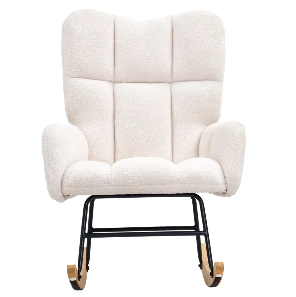 VEVOR Rocking Chair Nursery, Glider Rocking Chair with Soft Seat and High Backrest, 250 lbs Weight Capacity Teddy Fabric, Upholstered Glider Rocker Chair for Nursery, Bedroom, Living Room, Ivory White