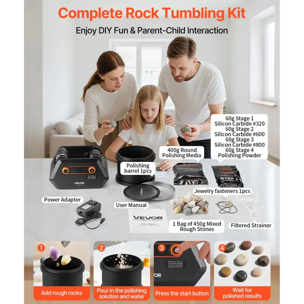 VEVOR Rock Tumbler Kit, 3 lbs Rock Polishing Kit, 4 Speed Settings 9-Day Polishing Timer Stone Polishing Kit, Rock Polisher with Rough Gemstones and Polishing Grits, Rock Polisher for Adults Kids