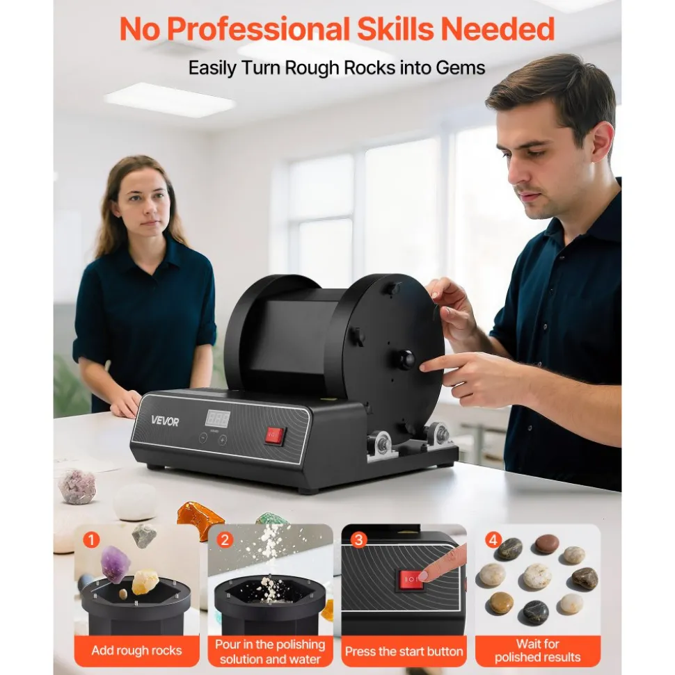 VEVOR Rock Tumbler Kit, 17 lbs Rock Polishing Kit, 2-Speed Stone Polishing Kit with 240-Hour Polishing Timer, Rock Polisher with Belt-Driven Brushless Motor, Rock Polisher for Adults and Kids