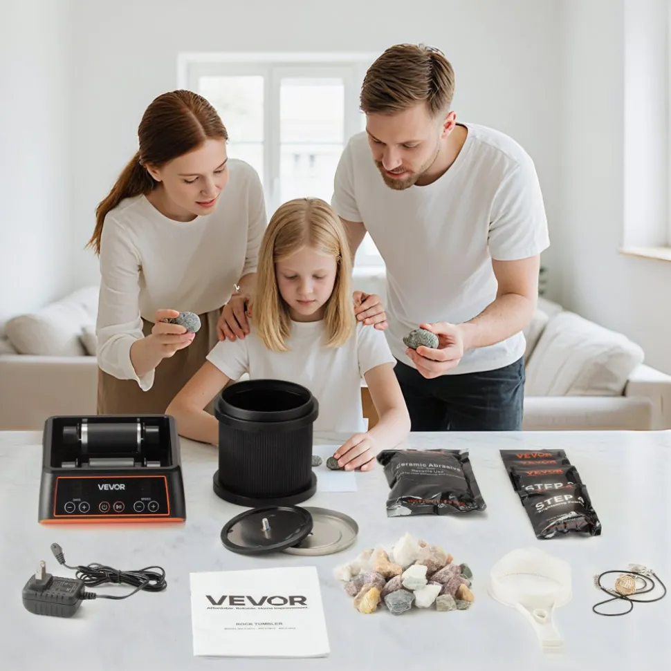 VEVOR Rock Tumbler Kit, 2 lbs Rock Polishing Kit, 4 Speed Settings 9-Day Polishing Timer Stone Polishing Kit, Rock Polisher with Rough Gemstones and Polishing Grits, Rock Polisher for Adults Kids