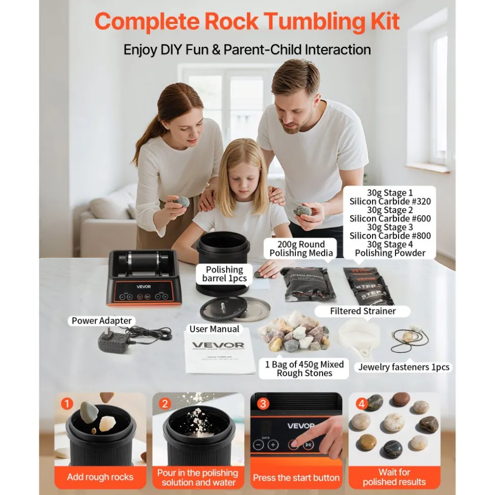 VEVOR Rock Tumbler Kit, 2 lbs Rock Polishing Kit, 4 Speed Settings 9-Day Polishing Timer Stone Polishing Kit, Rock Polisher with Rough Gemstones and Polishing Grits, Rock Polisher for Adults Kids
