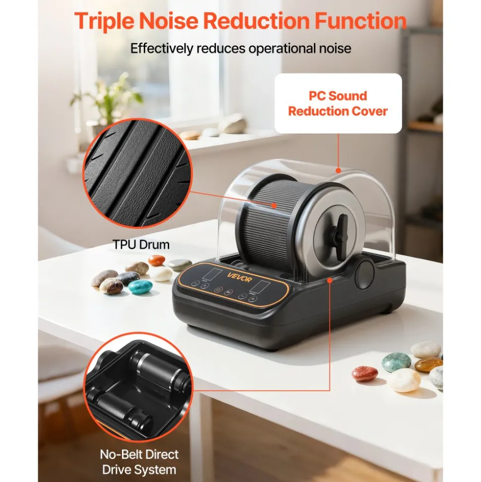 VEVOR Rock Tumbler, 1 lb Rock Polishing Machine, Rocks Tumbling Kit with 4-Speed Adjustment, 1–9 Day Timer, PC Sound Reduction Cover & TPU Drum, Direct Drive Motor Rocks Polishing, Quiet Operation