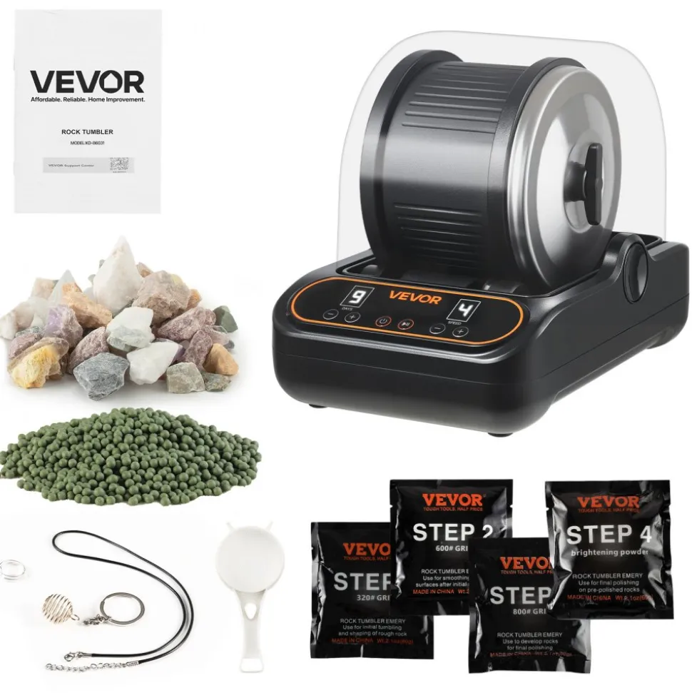 VEVOR Rock Tumbler, 3 lb Rock Polishing Machine, Rocks Tumbling Kit with 4-Speed Adjustment, 1–9 Day Timer, PC Sound Reduction Cover & TPU Drum, Direct Drive Motor Rocks Polishing, Quiet Operation